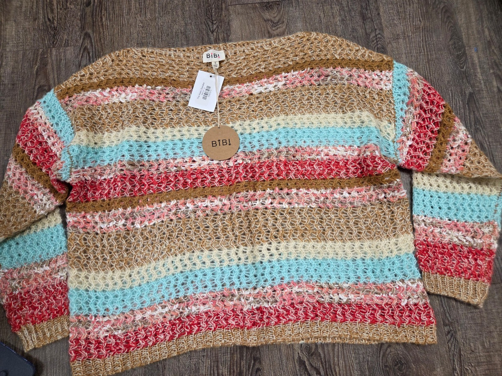 BiBi NWT Open Knit Keely Sweater Boat Neck Stripe Beige Red Aqua Pink Small